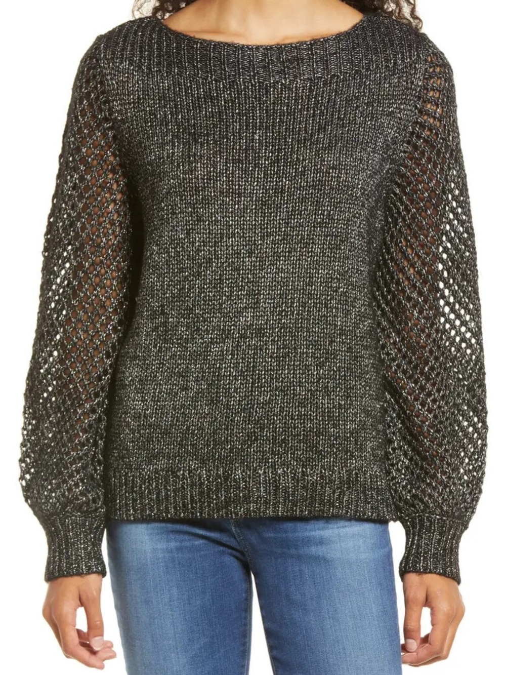 Tommy Bahama Metallic Charcoal Crewneck Sweater with Open-Weave Balloon Sleeves